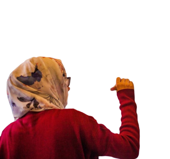 Student explaining something using hand gestures