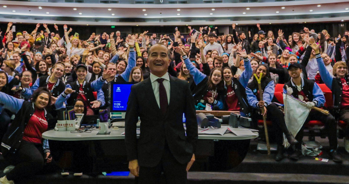 Students participating at Congress with the Minister for Education